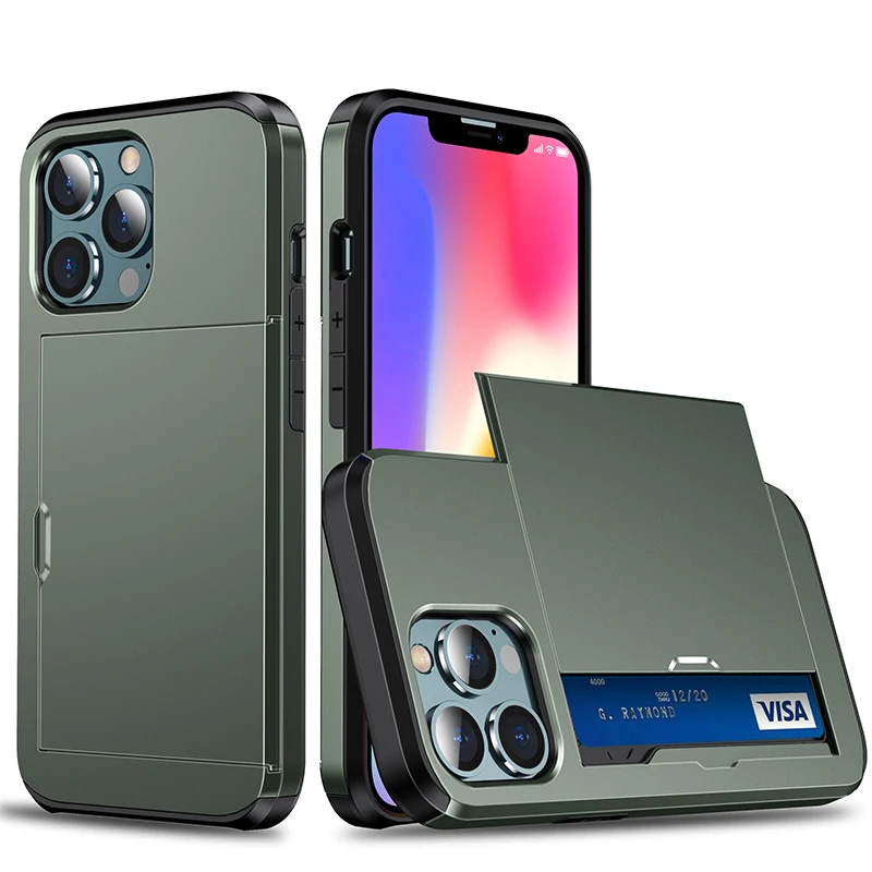 

New Model TPU+PC Slider Cover Wallet Credit Card Slot Phone Case For iPhone 12 13 Pro Max 11 X Xr Xs Max, 7 colors