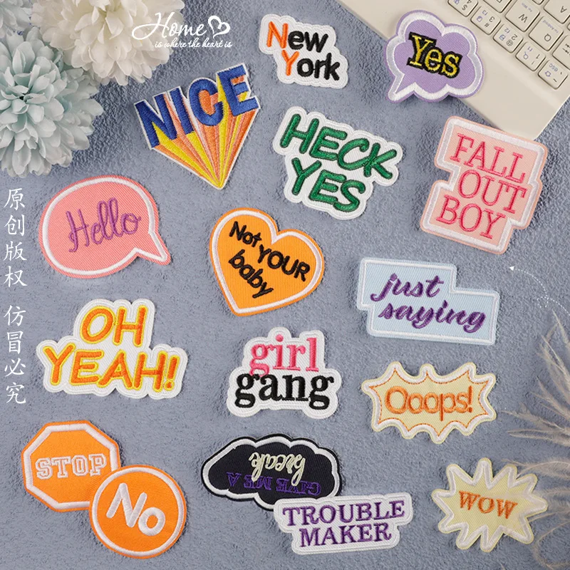 Iron on Embroidery Colorful Englise Words Nice Yes Oops Patch for Kids Clothes Hat Decoration Gift