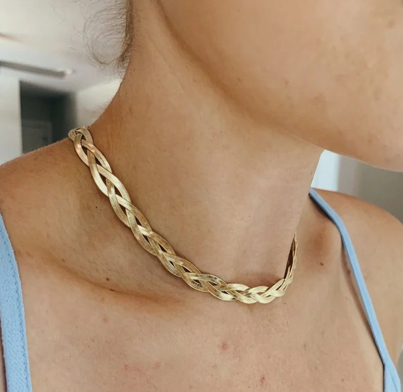 

Triple Herringbone Choker 18K Gold Plated Jewelry Thick Snake Necklace Stainless Steel Choker Chain