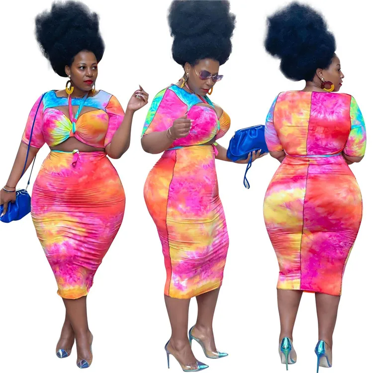 

Large size short sleeve bandage dresses tie dye printed casual women skirt sets two piece outfits