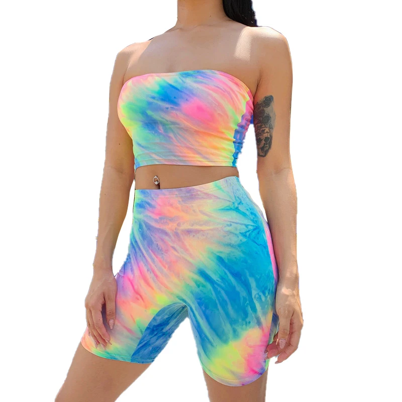 

Wholesale ladies summer fashion sexy off shoulder casual short two piece tie dye set for women clothing, Rainbow