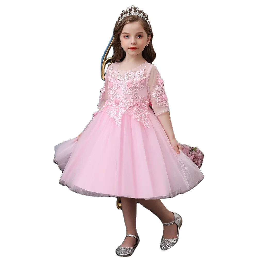 

Child flower short sleeve girls dresses for kids pink graceful embroidered princess dresses for girls of 10 year old
