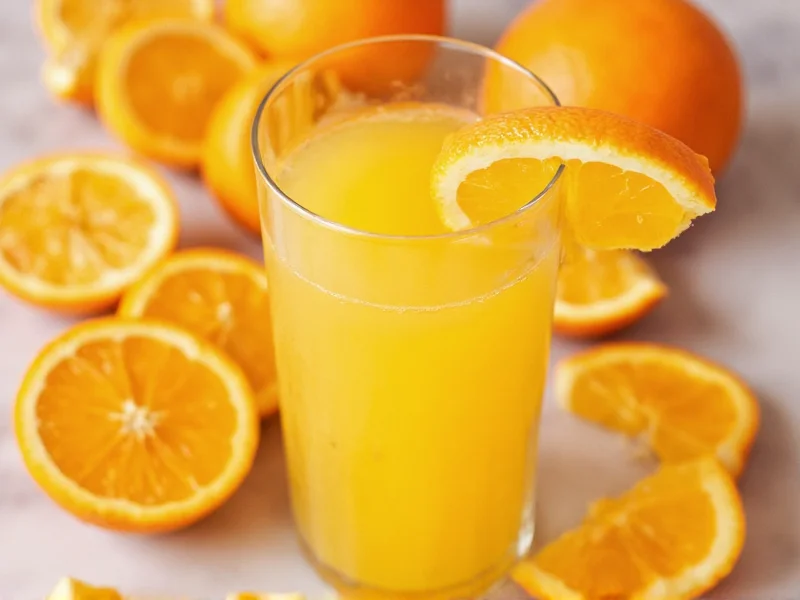 Fresh orange juice in glass with halved oranges