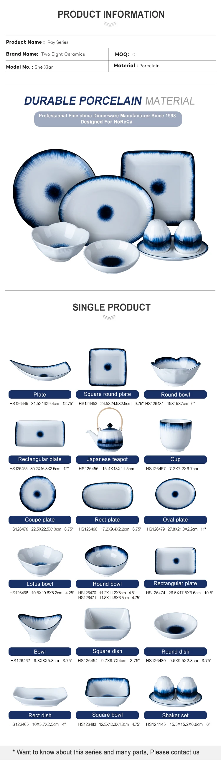 Two Eight Ceramics Reactive Glaze Blue White Chinese Porcelain Tableware, Blue White Japanese Tableware