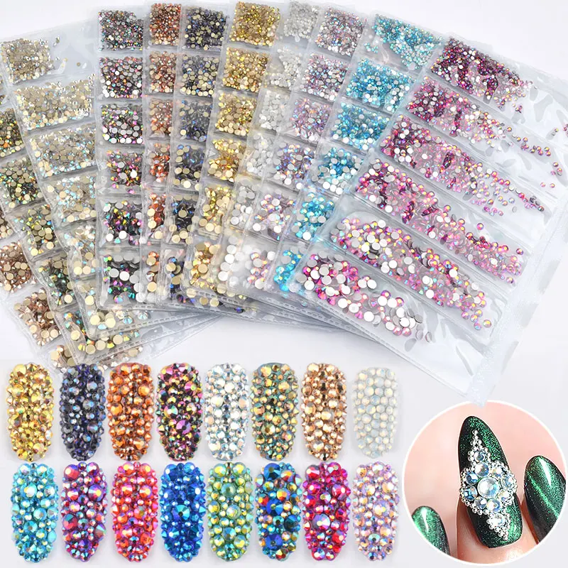 

Popular 16 Colors Mixed SS4-SS16 Flatback Nail Rhinestones Crystal AB Colorful 3d Glass Stones DIY Manicure Nail Art Decorations, Chameleon/blue/opal white/rose gold/champagne/amber/flame/ab