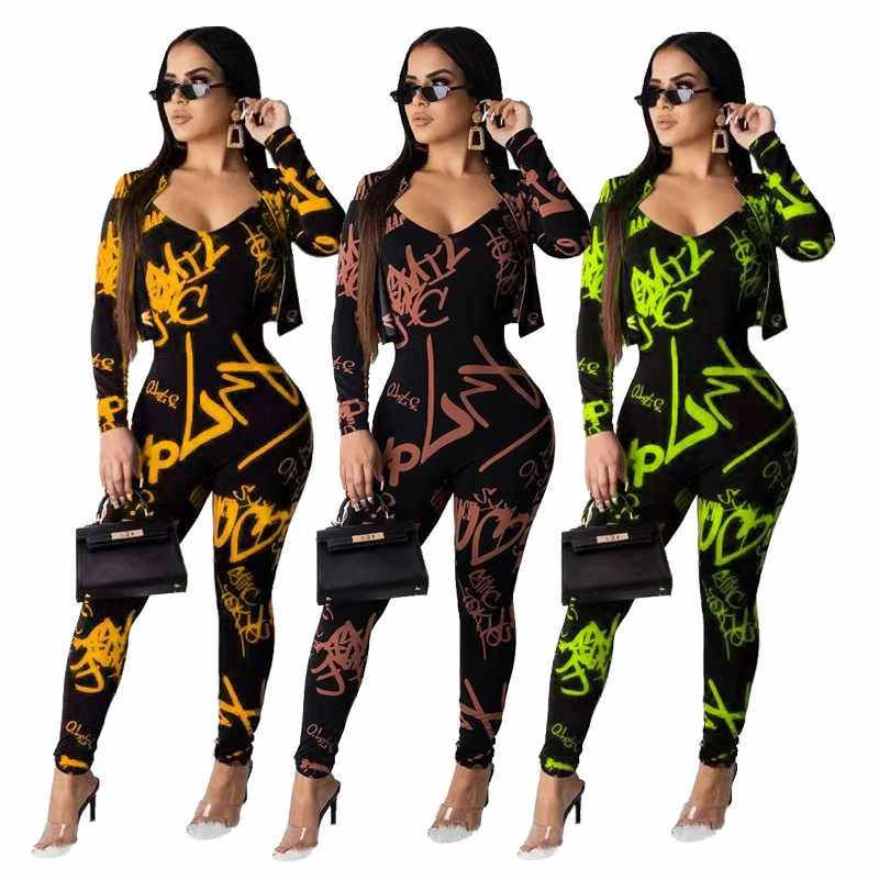 

Wholesale fashion letter printing long sleeve 2 piece set women sexy club wear jumpsuit