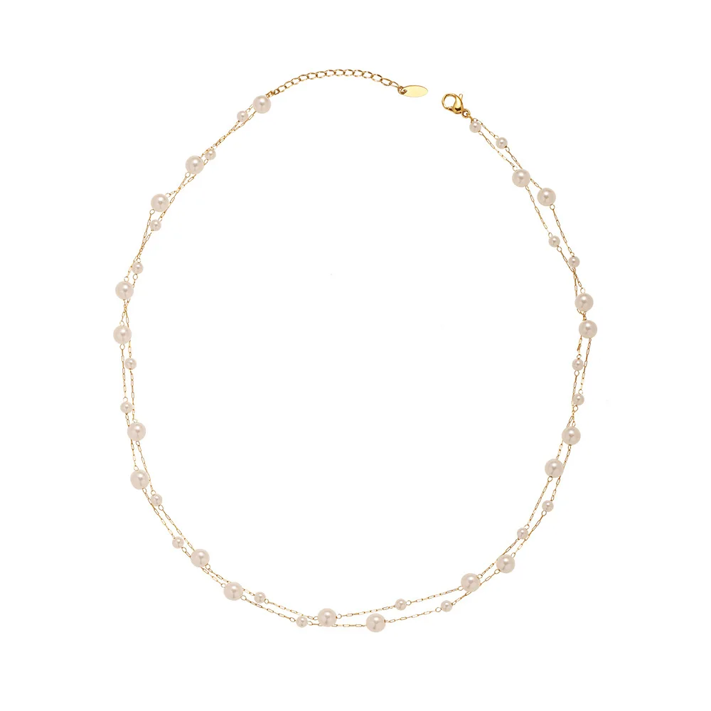 Joolim Jewelry 18K Gold Plated Imitation Pearl Dainty Chain Beads Double-layer Necklace Stainless Steel Jewelry Wholesale