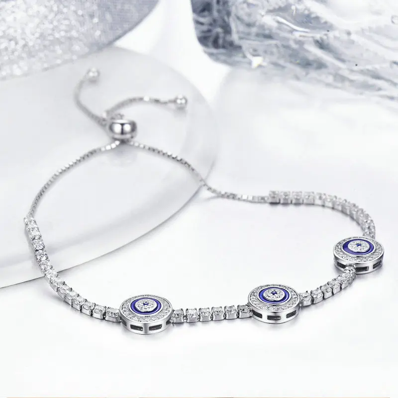 

Fashion Round Blue Eyes 925 Silver Clear Cubic Zircon Crystal Charm Bracelets For Ladies