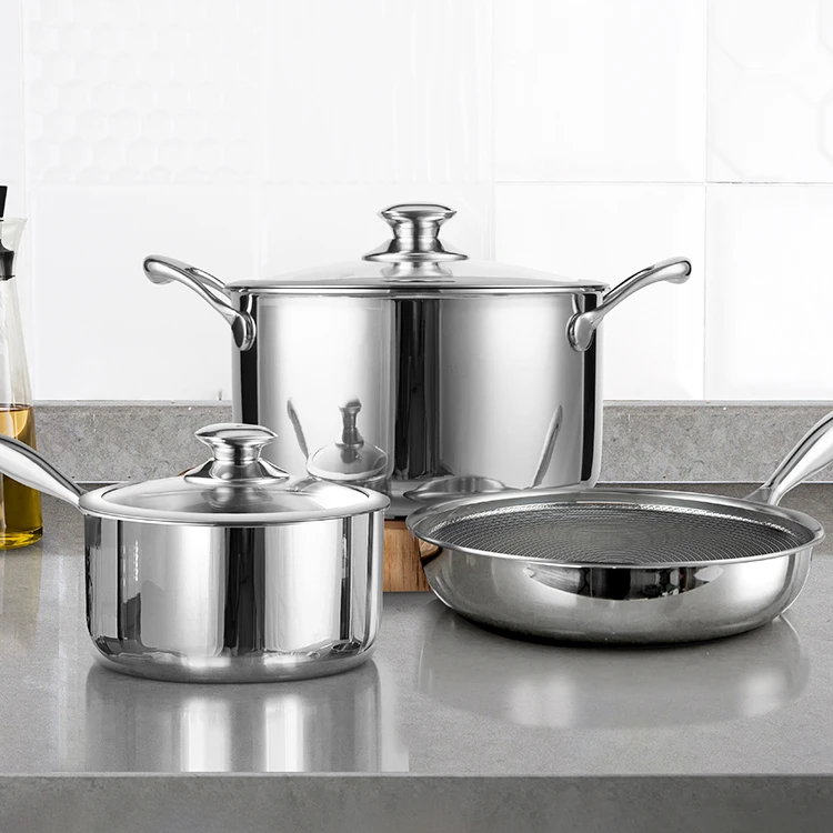 

New Design wholesale 6pcs non-stick cookware sets triply stainless steel cooking pot cookware set non stick pots and pans