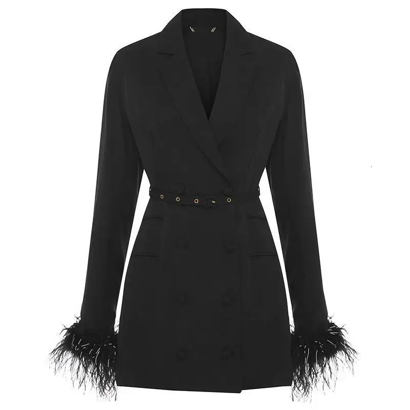 

2021Wholesale Ready To Ship New Design Fashion Wrinkle Blazer Women blazer jacket feather blazer coat suit outfit blazer dress, Black