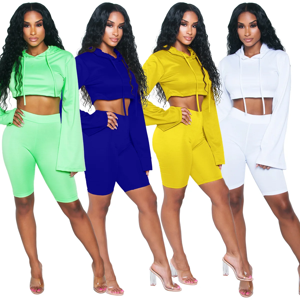 

New Arrivals 2021 Summer Women Clothing Spring Long Sleeve Short Pants Set Biker Jogger 2 Piece Short Set, Picture