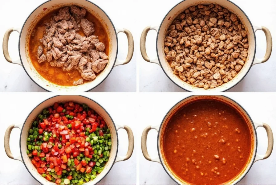 Step-by-step preparation of chili con carne with beans showing browned meat, chopped vegetables, and canned beans ready to be added to the pot