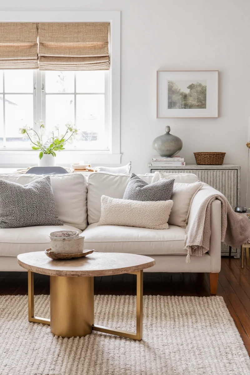 Cozy family room with matching throw pillows, plants, and bookshelves