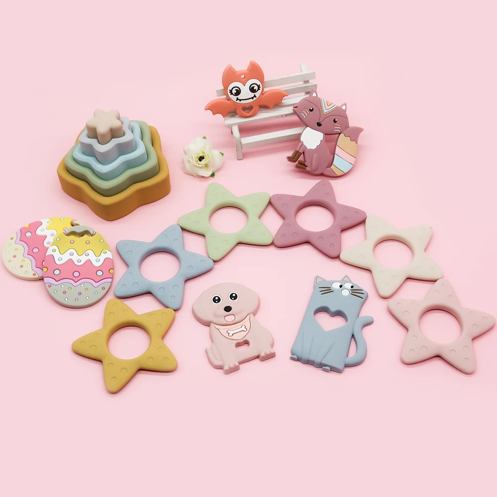 

Baby Teether Free Sample 2022 Hot Sale Bpa Free Leaf Sun Bear Star infant Teething Chew Toys Food Grade Silicone Teethers