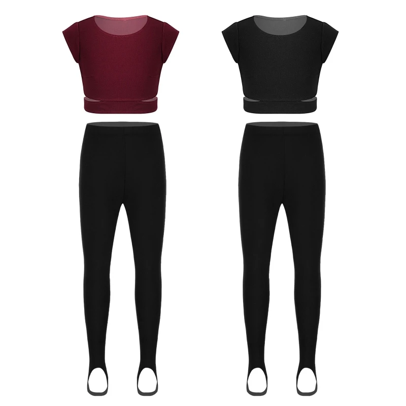 

Hot Sale Kids Girls Crop Top With Athletic Leggings Yoga Gym Ballet Dancewear Tracksuit Workout