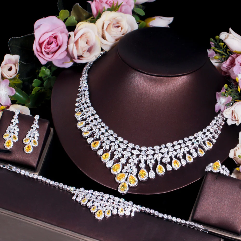 

Saudi Arabia Yellow Cubic Zircon Crystal Luxury Dubai Wedding Bridal Jewelry Set Big Tassel Necklace For Women Engagement