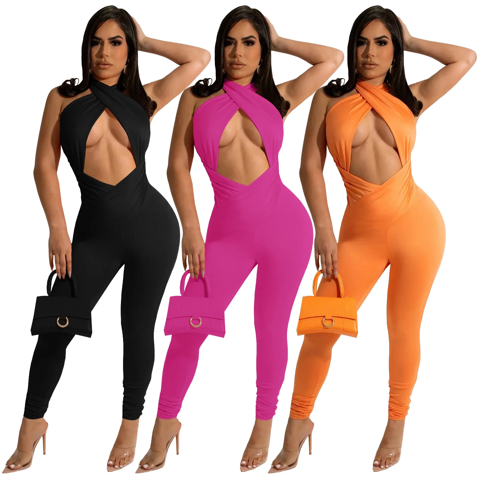 

2022 New Arrivals Fashion Women Sexy Front Hollow Out Sleeveless Backless Slim Solid Stacked Jumpsuit, Picture show
