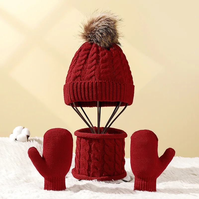 

Three-piece Scarf Hat & Glove Sets Children PomPon Beanies Knitted Hats Kids Winter Warm Acrylic Crochet Caps Unisex