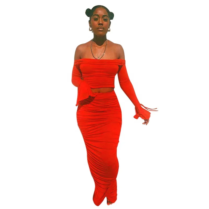 

B63097A Hot style women's cross border pleated irregular chest tight long suit, Red