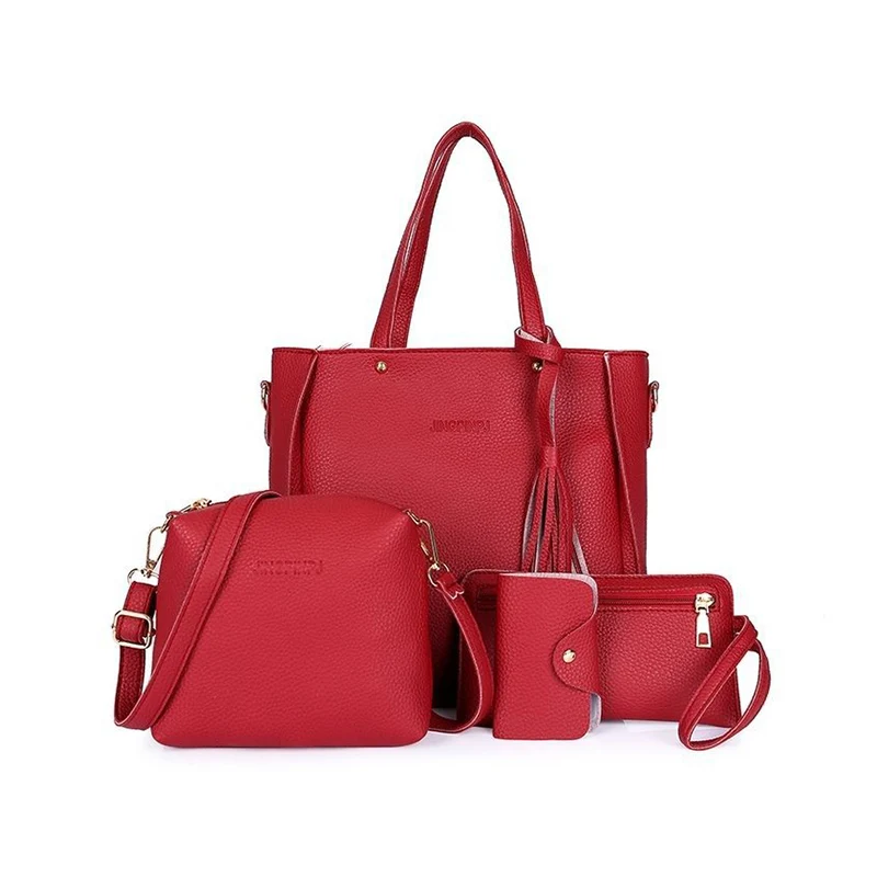 

Women Bags Travel Stylish Color Simple Four Pieces Set Soft PU Women Leather 4 Piece Handbag Set