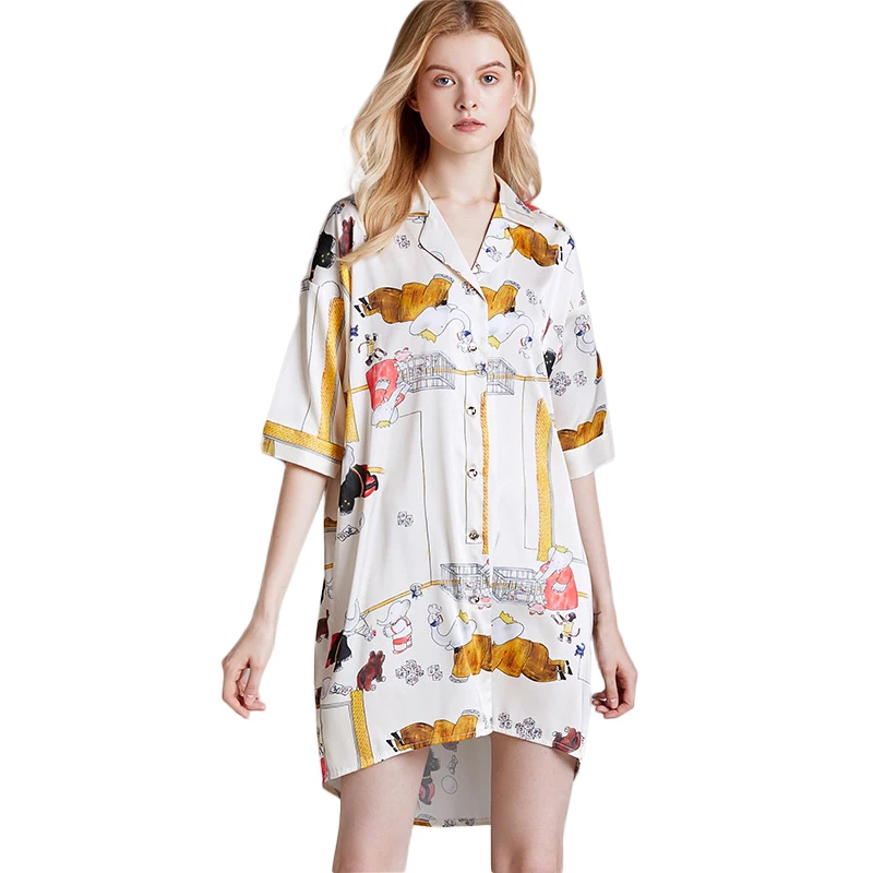 

Ice silk digital printing button down half sleeve casual sleep shirt night dress sleepwear for women, Picture shows