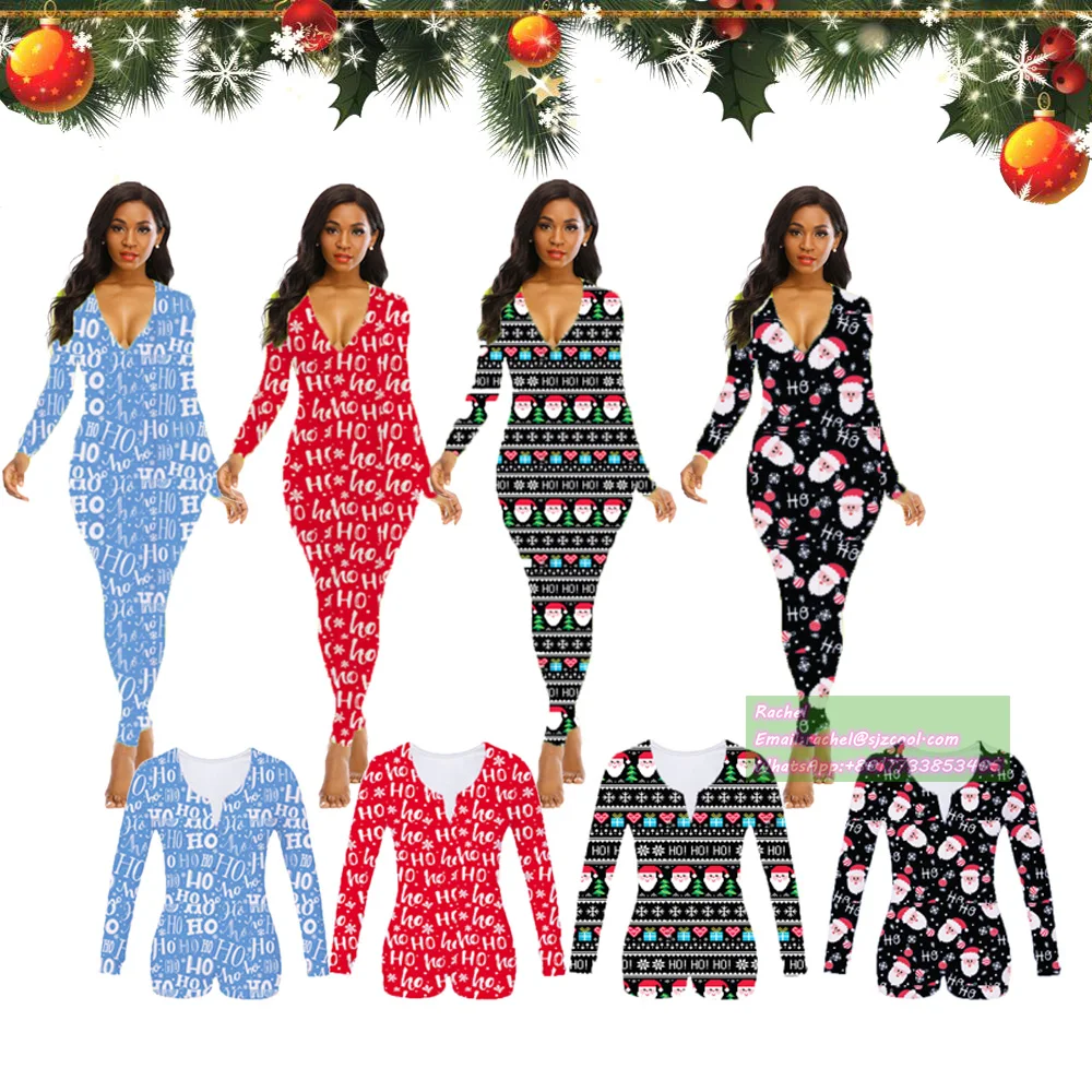 

2020 Winter Fashion Christmas Style Women Pajama Onesie Bodysuit For Ladies butt flap CHRISTMAS onesie One piece pajamas women, As pic