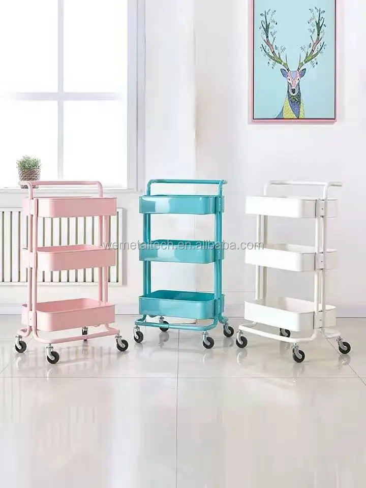 
Home furniture sturdy srtucture with handle flexible metal rolling kitchen trolley cart 