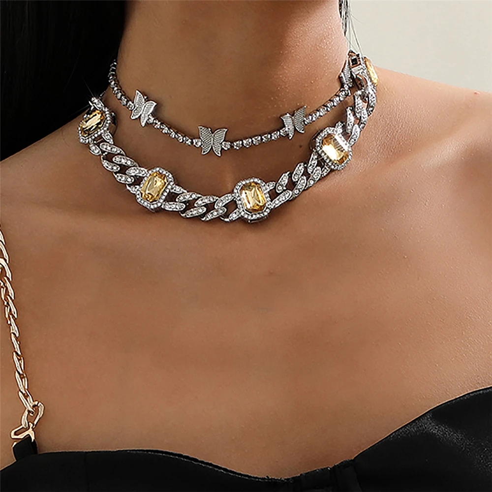 

Versatile CUBAN CHAIN full diamond necklace female personality gem butterfly tassel multilayer Necklace