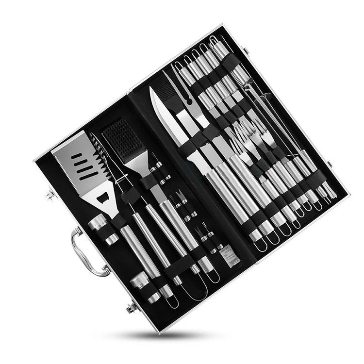

27pcs out door stainless steel bbq accessories set barbeque grill tools with box, Natural
