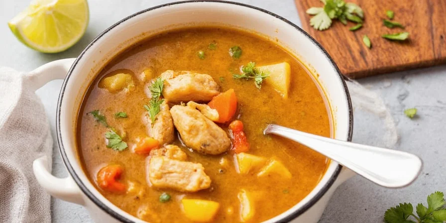 A classic spice rack next to a bowl of chicken soup