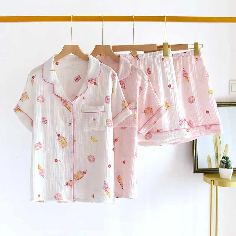 

Japanese summer new women's cotton crepe gauze sleepwear set thin section short-sleeved shorts sweet two-piece home service ladi, Required