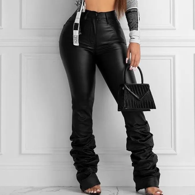

X00960S 2021 Women's pants Classic Pile leather pants, Black golden silver