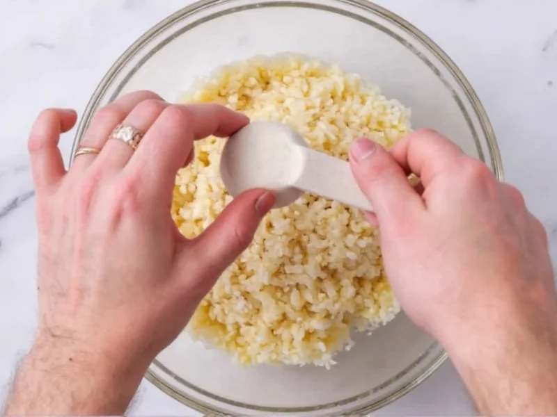 Hand pressing rice mixture into measuring cup for shaping