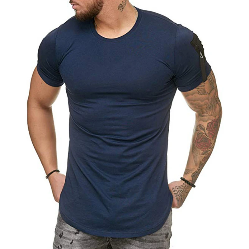 

High Quality Men's Short Sleeve Curve Hem Tight Fit Compression Bodybuilding Muscle T Shirts With Side Zipper Pockets
