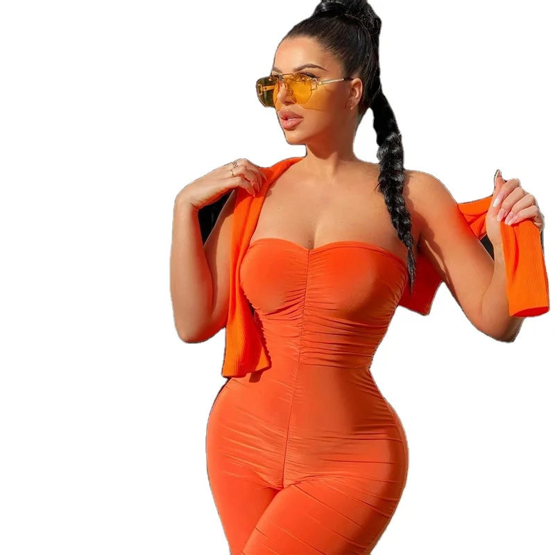 

LOGO Plain Sexy plus size Strapless Ruched Bodycon stacked jumpsuit