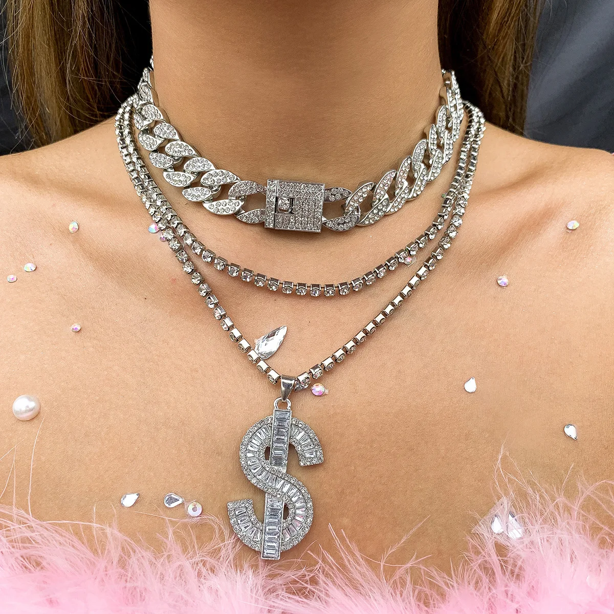 

Punk retro dollar shape flashing diamond pendant necklace hip hop cool Cuban chain necklace set, Picture shows