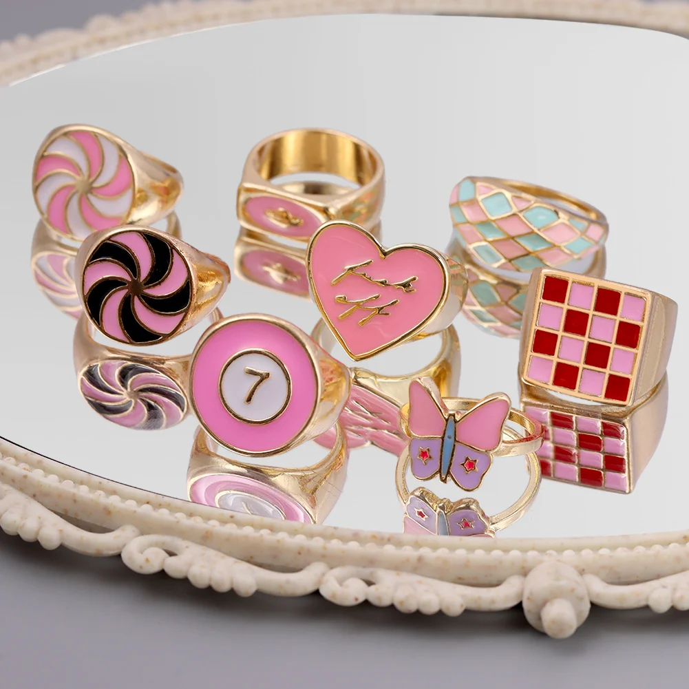 

Sweet Y2k Gold Plated Enamel Heart Square Rings For Women Pink Flower Cherry Love Heart Chunky Rings