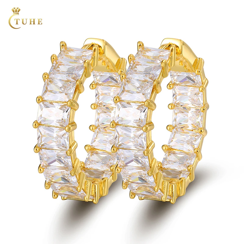 

2022 Trendy Wholesale CC 18K Gold Plated Baguette Zircon Diamond Hoop Monki earrings For Men, Gold/silver/rose gold