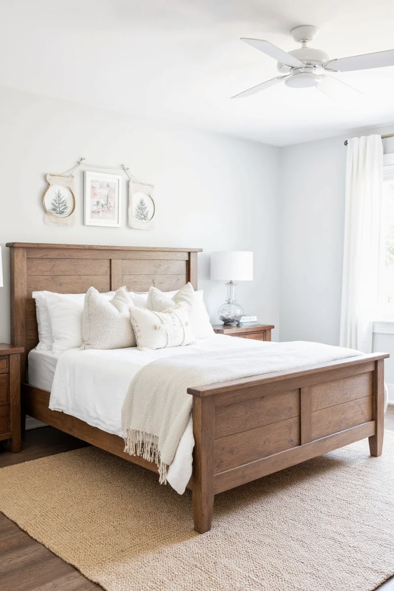 Close-up of farmhouse bed materials with smooth finish and safety certifications