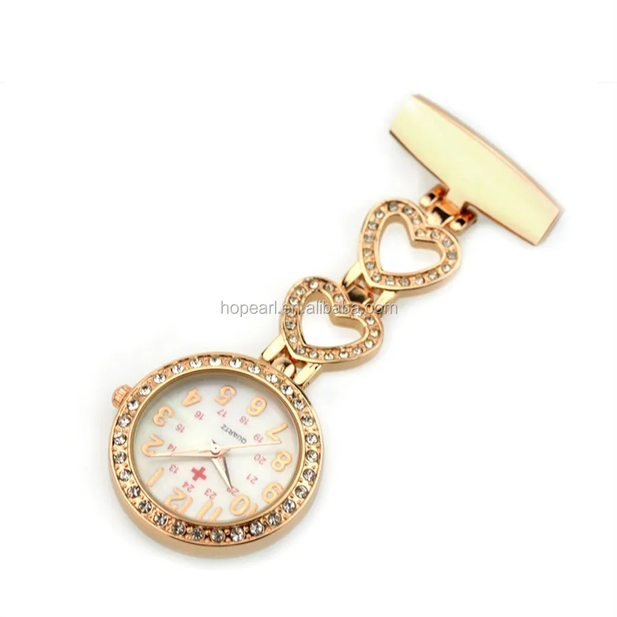 

WAH638 Rose Gold Color Womens Heart Rhinestones Nurses Doctor Watches Brooch Clip On Watch