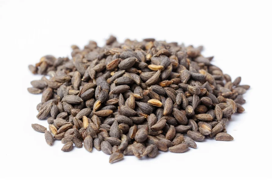 Close-up photograph of anise seeds showing their distinctive crescent shape and grayish-brown color against a white background