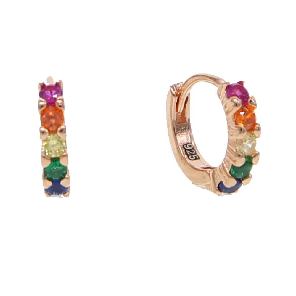 

classic minimal vermeil hoop earring with rainbow colorful cubic zirconia rose gold color 925 sterling silver huggie hoops