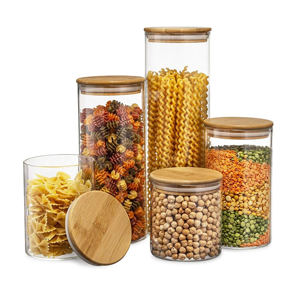 

Glass Kitchen Canisters Clear Glass Food Storage Jar With Airtight Bamboo Lids, Transparent
