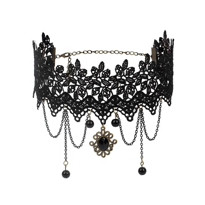 

Ins style hot sale wome jewelry dark wind Harajuku gothic vintage court lace Lolita choker necklace, Black