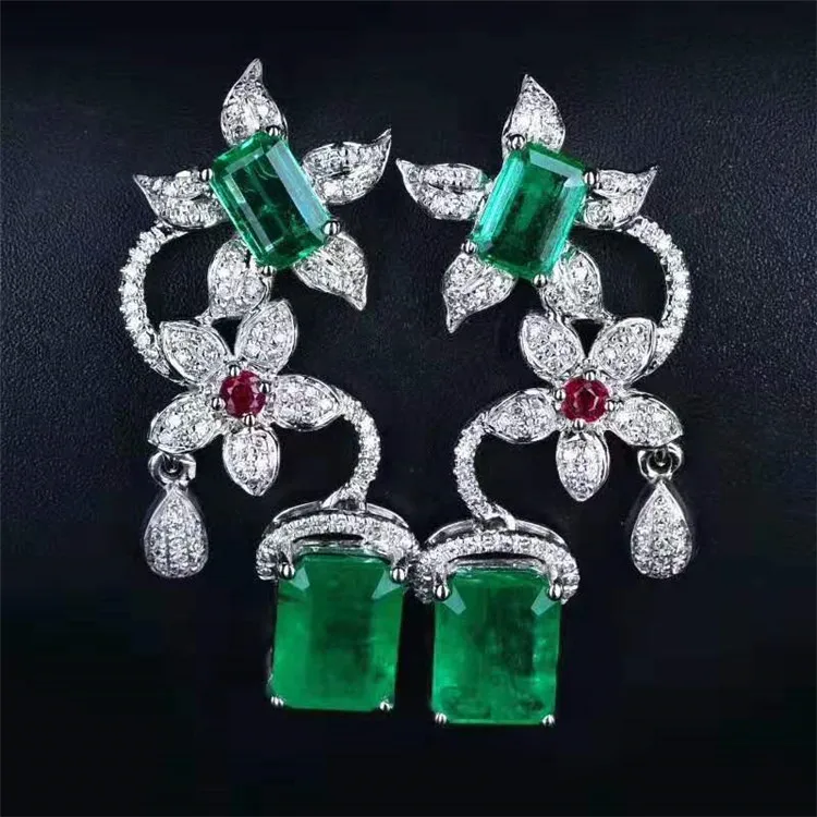 

newest fancy charming diamond gemstone jewelry 18k gold 4.1ct natural green emerald stud earring for women