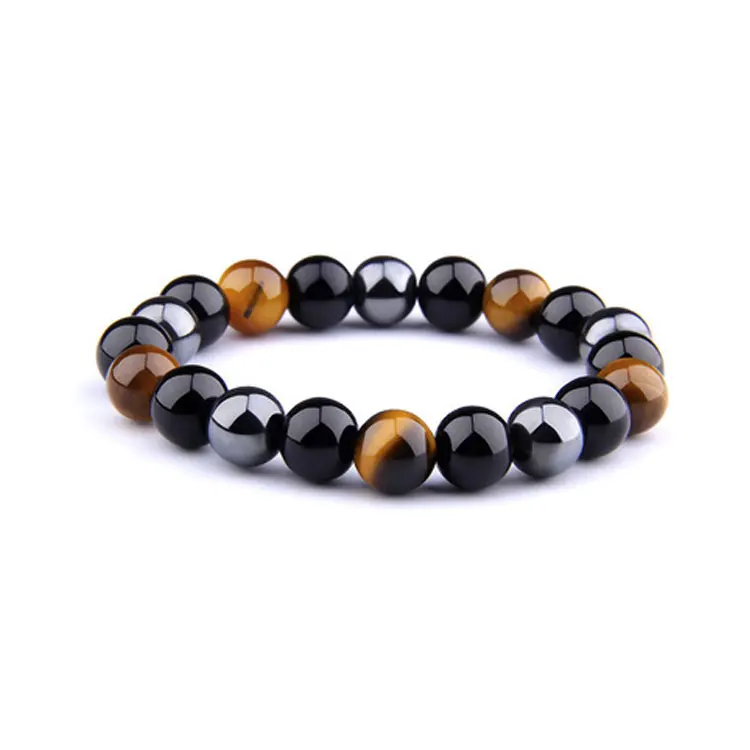 

LWS31121 Anxiety Stress Relief Triple Protection Natural 10mm Tiger Eye Stone Obsidian Hematite Beaded Men Bracelet, Black