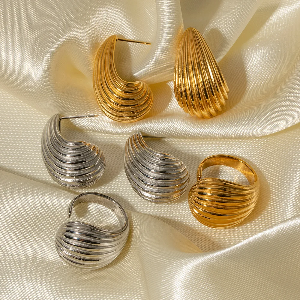 

Hypoallergenic Earrings Jewelry 18K Gold Plated Tear Drop Stud Earrings Stainless Steel Hollow Texture Waterdrop Earrings