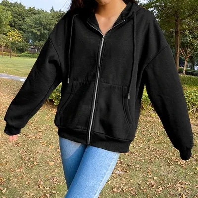 

2021 autumn new solid color hooded Plush Sweatshirt long sleeve coat women's street loose zipper top