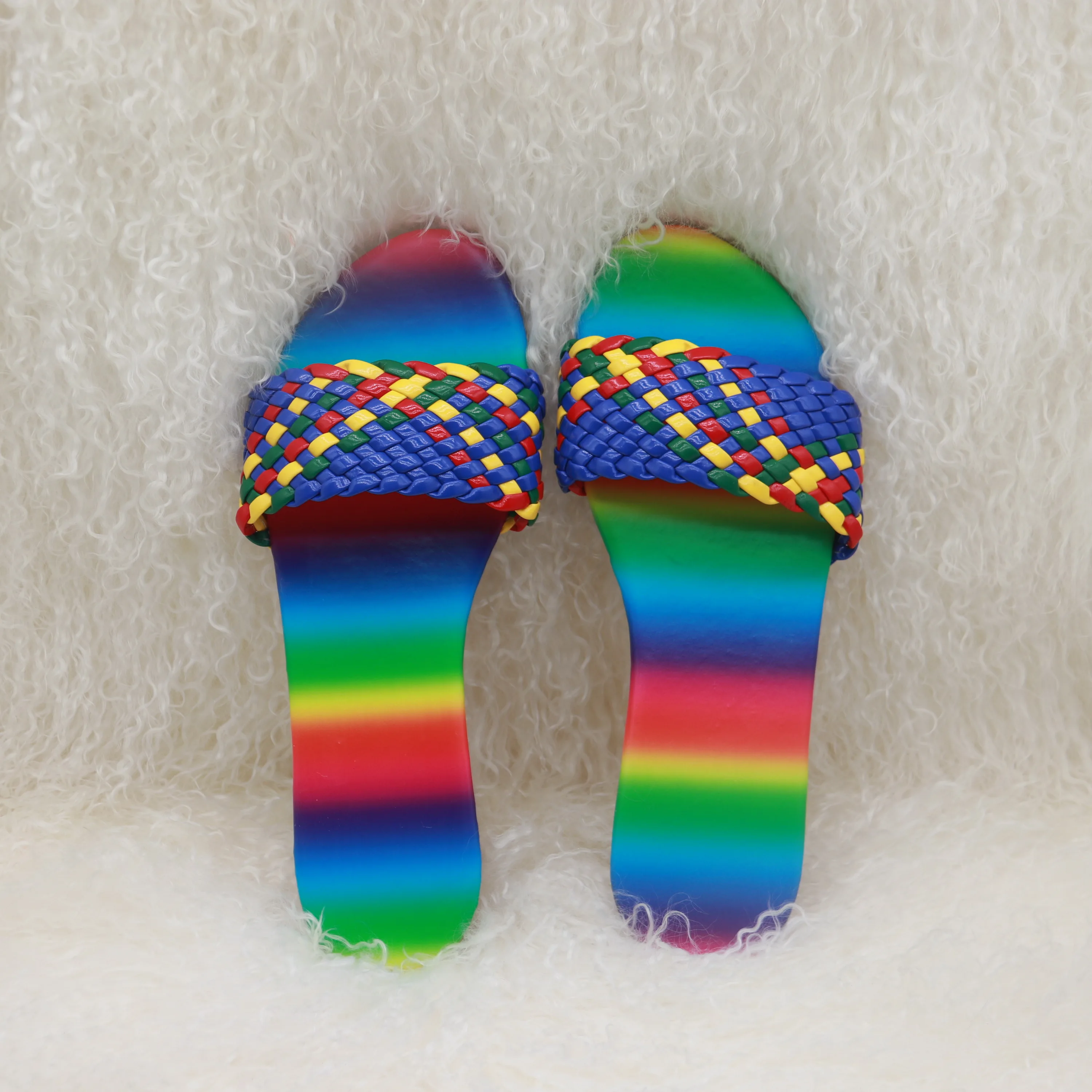 

Curlyfur amazon casual style summer shoes boho rainbow colorful style flat women slides 2021, 4 colors