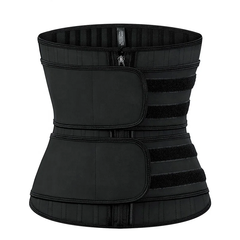 

Custom 25 Steel Bones Front Zip Up Detachable Double Belt Adjustable Women Tummy Latex Waist Cinchers Shaper Latex Waist Trainer, Black